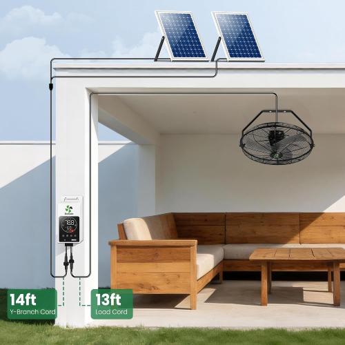 Solar Powered Fan for Outside Wall Mount with Smart Thermostat | 18 Heavy Duty Outdoor Fans with Battery, Waterproof, Metal Build, for Patios, Horse Stall, Chicken Coop, 3 Speeds, 180° Tilt