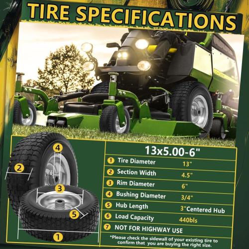 13x5.00-6 Flat Free Tire and Wheel Assemblies (2 Pack),13 x 5 x 6 Solid Rubbe Tires and Wheel for Riding Lawn Mower - With 3/4 Bushings (Extra 5/8 Bushings) and 3 Centered Hub (Gray)
