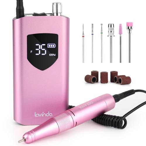 Pink Lavinda Nail Drill 35000 RPM, Cordless Rechargeable Electric Nail File Machine, Professional Efile for Acrylic Nails, Gel Polish, Cuticle Removal, Home and Salon (Pink)