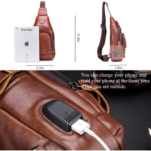 BULLCAPTAIN Genuine Leather Sling Bag with USB Charging Port Multi-pocket Chest Bag for Men Hiking Travel Daypack XB-129