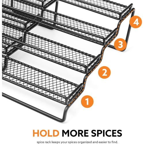 2 Pack Spice Rack Organizer for Cabinet, 4 Tier Expandable Seasoning Organizer Shelf, Spice Holder with Protection Railing, Metal, Black