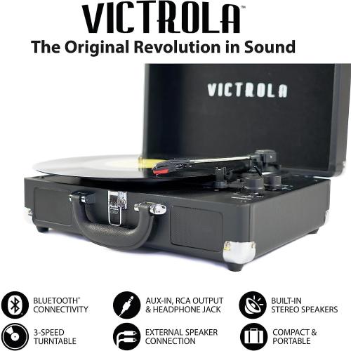 Victrola Parker – 3-Speed Bluetooth Suitcase Turntable with Built-In Stereo Speakers, Aux-In, RCA & Headphone Jack, Wireless Music Streaming (Black)
