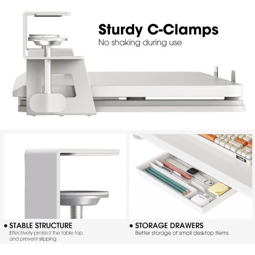 Fenge Keyboard Tray Under Desk, Pull Out Keyboard & Mouse Tray with C Clamp Mount, Sliding Keyboard Holder for Desk, 25.6 x 11.8 inch Large Slide-Out Platform Computer Drawer for Typing, White