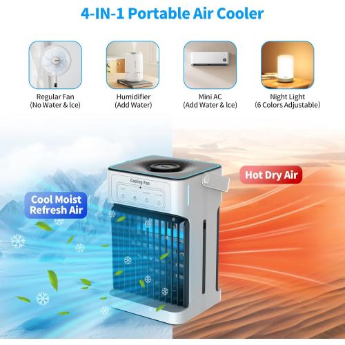 Portable Air Conditioners for Bedroom, Dual Motor Evaporative Air Cooler with 3 Speeds & 3 Mist, 7 Color Night Light Cooling Fan with 2-8H Timer, 1100ML Personal AC Unit for Office Room