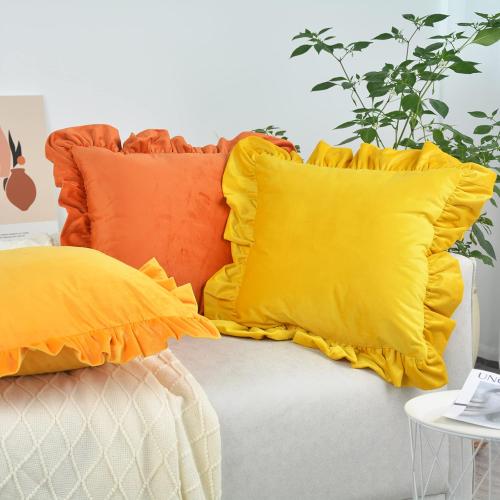 Velvet Ruffle Throw Pillow Covers Couch, Set of 2 Decorative Pillowcases with Ruffles 12x20 Inch Solid Color Shabby Chic Farmhouse Cushion Cover for Living Room Sofa Bed, Copper