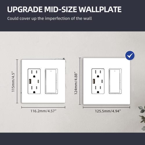ELEGRP 2-Gang Screwless Decorative Wall Plates, Mid-Size 4.88 height x 4.94 length Unbreakable Thermoplastic Faceplate Cover for Decorator Receptacle Outlet & Switch, UL Listed (5 Pack, Matte White)