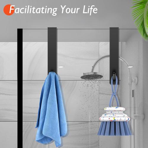 Shower Door Hooks(7.5 Inch),Extended Over Door Hooks for Bathroom Frameless Glass Shower Door,Stainless Steel Towel Hooks,Heavy Duty Rack Hooks for Robe,Towel-2 Pack-Black