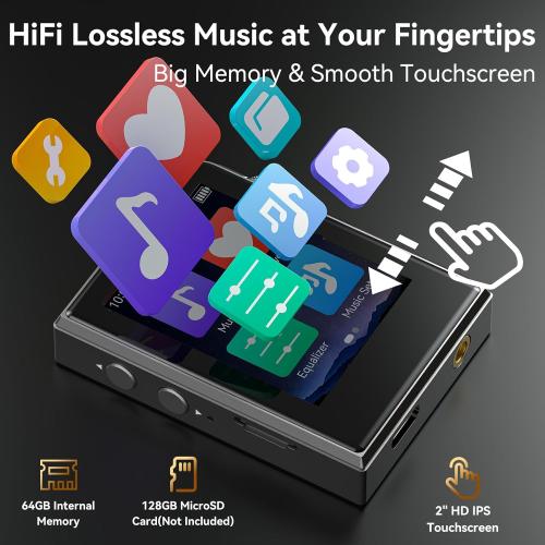 RUIZU 64GB HiFi Lossless MP3 Player, DAC DSD High Resolution Digital Audio Player, Portable Hi-Res Music Player with 2 Touchscreen, Resume Playback, CNC Aluminum Alloy Body, Up to 128GB microSD Card