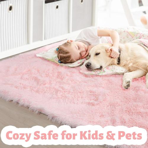 Pink Area Rugs for Bedroom Girls, Living Room Decor, Fluffy Fuzzy Shag Rug 4x6 for Kids Room, Soft Cute Indoor Floor Carpet for Baby, Teen, Nursery, Preppy Dorm, Playroom, Plush Aesthetic Bedside Rug