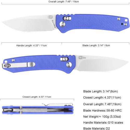 Pocket Folding EDC Knife: 3.14 D2 Steel Satin Sharp Blade, G10 Scales, Crossbar Axis Lock, Reversible Clip, Great Gifts for Men Women Camping Hiking Outdoor, Blue