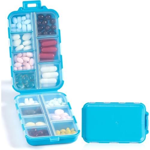 Travel Pill Organizer with Bulk Stickers & Labels - Small & Portable Week Daily Medicine Pharmacy for Pocket, Bag - 14-Compartment Foldable Supplement Box Holder for Fish Oil Vitamin - Blue