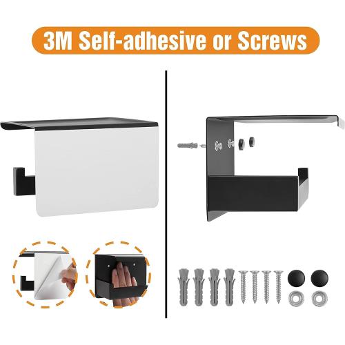 HITSLAM Toilet Paper Holder with Shelf, Stick on Matte Black Toilet Paper Roll Holder, Self Adhesive or Wall-Mount with Screws for Bathroom,Washroom