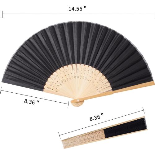 50pcs Black Imitated Silk Fabric Bamboo Folded Hand Fan Bridal Dancing Props Church Wedding Party Favors with Organza Bags