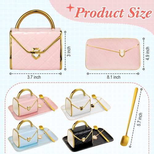 Sliner Set of  4 Size 10oz Coffee Mug Handbag Shaped Ceramic Tea Cup with Saucer Spoon 10 Oz/ 310 ml Purse Gift Mug for Office Home Coffee Tea Hot Chocolate Cappuccino(Classic)