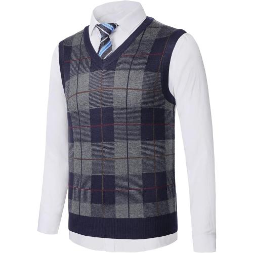 Men's Large Sleeveless Argyle Sweater Vest V-Neck Jumper Classic Business Gentleman Knitted Gilet Autumn Winter Knitwear Waistcoat Casual Golf Tank Tops, B-navy Blue,