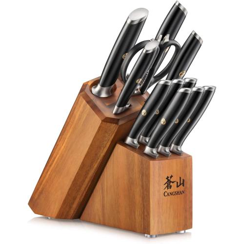 Cangshan L Series 12-Piece Knife Block Set with 6 Steak Knives, Forged German Steel, Acacia Block, Black, 1026061