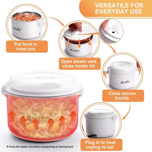 Aotto Electric Lunch Box, 32 oz Portable Food Warmer Heater, Lunch Warmer Portable for Work/Office/Car/Travel 12V/24V/110V 3-in-1, Warming Soup & Meal, Spill-Free, Men & Women's Gifts, White