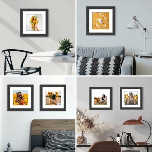 8x8 Picture Frame Rustic Black Wood Set of 6,Display Pictures 5x5 with Mat or 8x8 Without Mat,Multi Photo Frames Collage for Wall or Tabletop Display