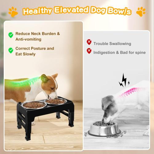 COMESOON Elevated Dog Bowls for Small Medium Dogs, 3 Height Adjustable Raised Stand with 2 Thick 6 Stainless Steel Food Bowls, Non-Slip Feeder Adjusts to 2.75, 6, 7.5, Black