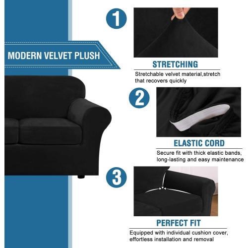 H.VERSAILTEX Real Velvet Plush 3 Piece Stretch Sofa Covers Couch Covers for 2 Cushion Couch Sofa Slipcovers Width Up to 90 Inch Feature Thick Soft Stay in Place (Large Sofa, Black)
