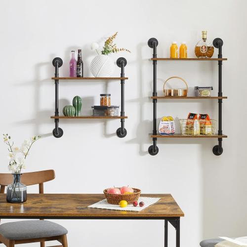 YMYNY Industrial Pipe Shelf Bracket, 2 Tiers Retro Wall Mounted Floating Shelf, Wood DIY Bookshelf, Storage Shelves for Living Room, Bedroom, 24 Farmhouse Bathroom Shelving, HD-UHRF-TM004