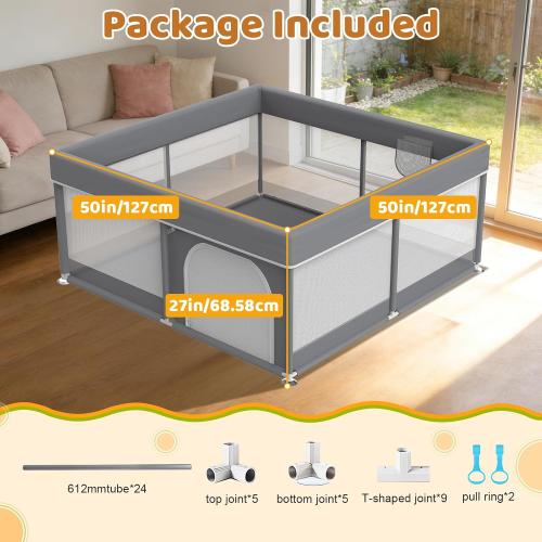 Baby Playpen 50x50 for Toddlers - All-Wrapped Safety Play Yard for Babies with 2 Pull Rings - Large Play Pen for Indoor & Outdoor Activity, Sturdy Toddler Fence with Soft Breathable Mesh