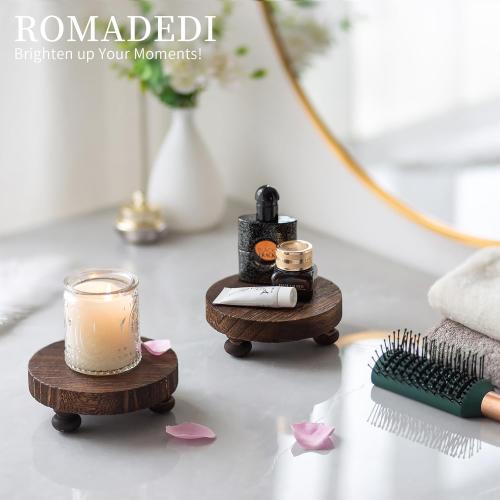 Romadedi Farmhouse Wood Riser for Display- 2 pcs Rustic Decor Mini Wooden Pedestal Decorative Round Tray for Home Table Bathroom Counter Shelf Kitchen, Brown