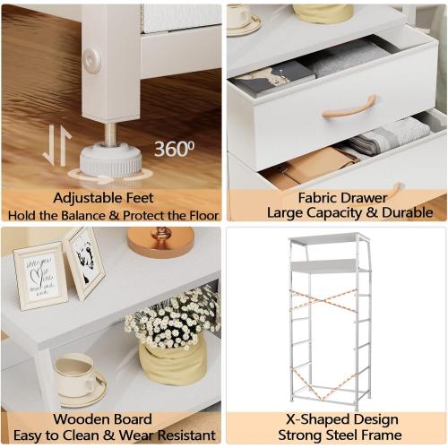 Furnulem White Dresser with 5 Drawers, Vertical Storage Tower Fabric Dresser for Bedroom, Hallway, Entryway, Nursery, Closet Organizer, Nightstand Bedside Table Furniture, Sturdy Steel Frame, Wood Top