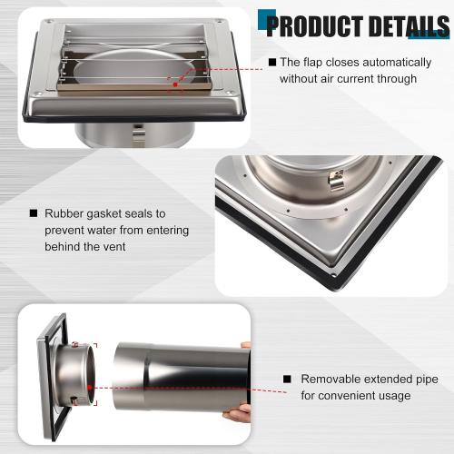 Shimeyao 4 Wall Vent Cover Stainless Steel Outside Dryer Vent Covers for House Exhaust Duct Kit with Removable Extension Pipe 8 Inch and 4 Screw for House Outdoor Extended Air Pipe, Silver