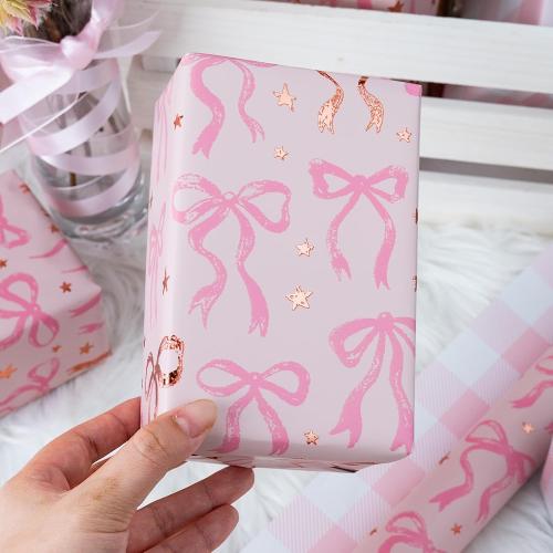MAYPLUSS Pink Wrapping Paper Roll, Cute Bow Gift Wrap, Reversible Plaid Gift Paper for Girl Baby Shower, Birthday, Wedding 17 Inch x 33 Feet