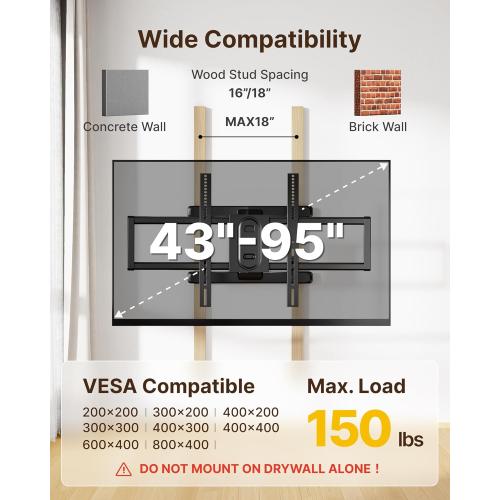 monTEK Full Motion TV Wall Mount for 43–95 TVs, Pre-Assembled & up to150lbs, Heavy Duty TV Mount Bracket with Tool-Free Tilt/Swivel/Extension, Max VESA 800x400, Fits 16/18 Studs