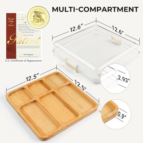 Charcuterie Boards, Bamboo Charcuterie Board with Lid, Cheese Board with Buckle Locking, Cutting Boards for Kitchen, House Warming Gifts New Home, Gifts for Women, 6 Compartments