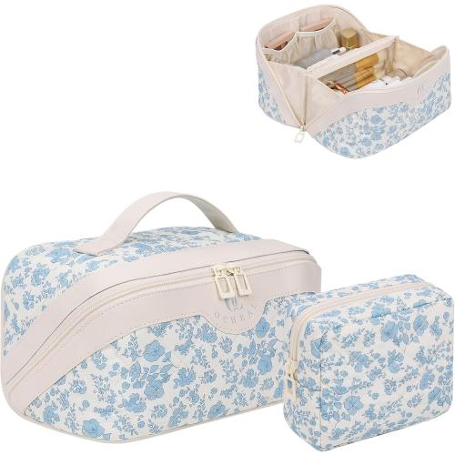 Travel Makeup Bag Organizer Cosmetic Bag, 2Pcs Floral Make up Bag Portable Pouch Open Flat Pouch Clear Divider and Handle