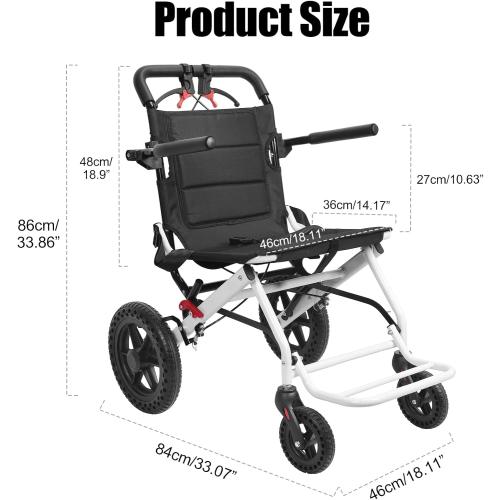 BLACK Ultra-Light Folding Transport Wheelchair for Adults & Seniors, 20 Portable Wheelchair with Telescopic Handle & 12 Solid Wheels 120kg Capacity Compact for Tight Spaces (Only 14lbs) White M