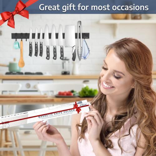 Dmore magnetic knife holder for wall—with 4 hooks, No Drilling 23 Inch black knife magnetic strip, Powerful knife magnet rack, include Adhesive Tape and screws for Knives, Utensils, and Tools