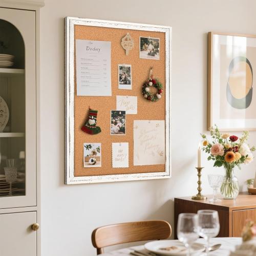 Cork Board Bulletin Board, 36 x 24 Corkboard for Wall, Rustic White Wooden Frame, Hanging Pin Board for Home & Office Decor, 10 Push Pins