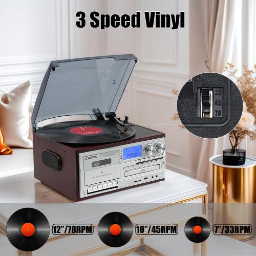 LoopTone Vinyl Record Player 10 in 1 3 Speed Bluetooth Vintage Turntable CD Cassette Player AM/FM Radio USB Recorder Aux-in RCA Line-Out (Red-Silver)