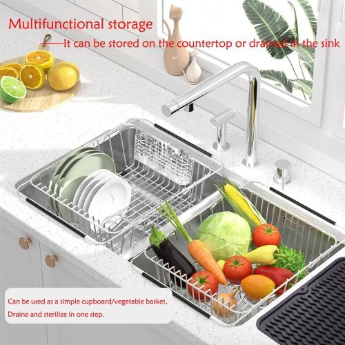 NiuYichee Stainless Steel Dish Drying Rack(15L X 11W X 4.1H), Expandable Fruit & Vegetable Drain Rack over Sink, Dish Drainer Rack in Sink, with Stainless Steel Utensil Holder & Silicone Mat(16)