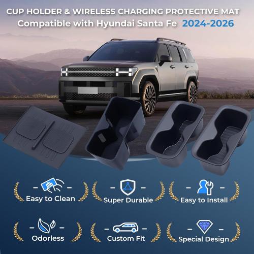 1st & 2nd Row Cup Holder Insert & Wireless Charging Protective Mat for Hyundai Santa Fe 2026 2025 2024, Center Console Interior Accessories Cup Holder & Wireless Charger Cover Pad, Black