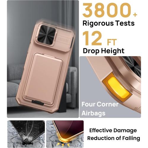 SSLOTSCASE for iPhone 17 Pro Max Case with Wallet & Sliding Lens Cover & Kickstand & Credit Card Holder & Camera Stand, Military-Grade Protection Phone Case Cover for iPhone 17 Pro Max 2025, Rose Gold