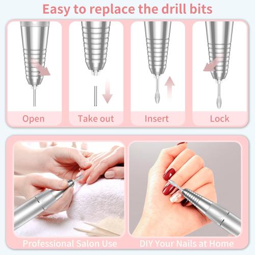 Portable Nail Drill Professional 35000 RPM, MOCOWIND Rechargeable Electric Nail File Machine E File for Acrylic Gel Polishing Removing, Cordless E-File with Bits Kit for Manicure Salon Home, Pink