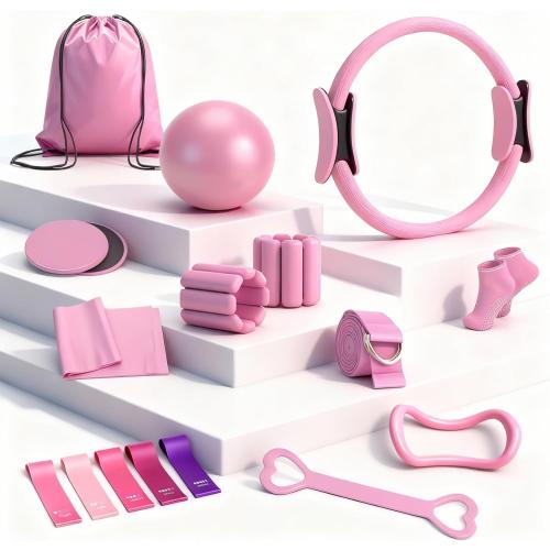 Pilates Equipment Kit for Home Workouts - 18pcs Set- 14'' Pilates Ring and Ball Set for Women, Pilates/Yoga Accessories Kit with Wrist Weights, Resistance Bands, Core Sliders, Yoga Strap