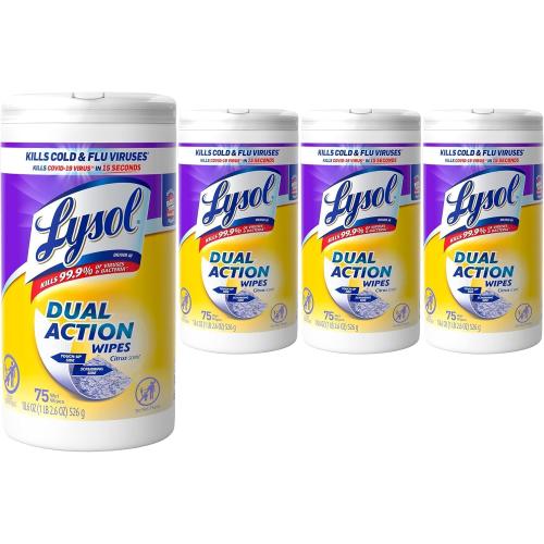 Lysol Dual Action Disinfectant Wipes, Multi-Surface Antibacterial Scrubbing Wipes, Dorm Room Essentials, Citrus Scent, 75ct (Pack of 4), Packaging May Vary