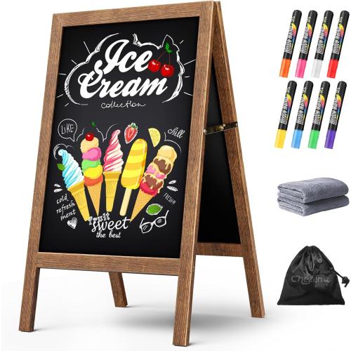 40x20 Brown Frame A Frame Chalkboard Sign, 40x20 Extra Large Sidewalk Chalk Board, Wooden Standing ChalkBoards Set with Markers, Double-Sided Magnetic Blackboard for Cafés, Weddings, Party Guide, Brown