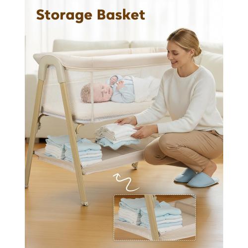 Baby Bassinet, Bedside Bassinet for Baby, Bassinet Bedside Sleeper with Mattress, Storage Basket and 4 Auto-Lock Wheels, Full-Mesh Sides, Bedside Mini Crib for Newborn (Beige)