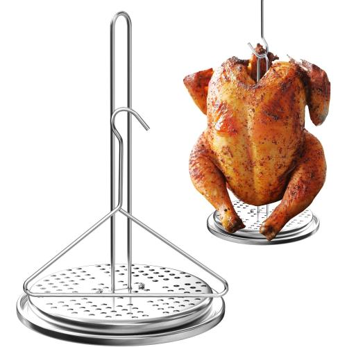 Turkey Fryer Stand with Handle Lifter Hook Kit, Stainless Steel Chicken Poultry Chicken Vertical Roaster and Perforated Holder Base Accessories for Outdoor Turkey Deep Fryer Pot BBQ Oven