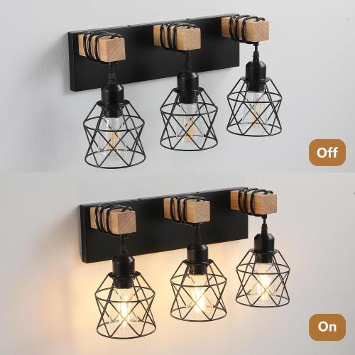 Farmhouse Bathroom Light Fixtures, 3-Light Vanity Lights for Bathroom, Black Wood Bathroom Lighting Over Mirror with Metal Shades, Bulbs Not Included