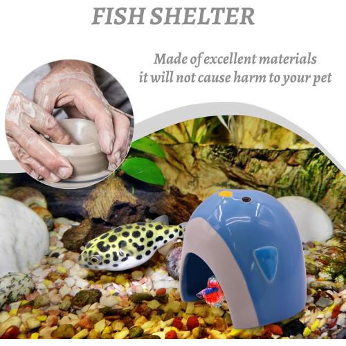 AnRui Ceramic Aquarium Decorations Cute Penguin Fish Tank Hideout Cave Aquarium Accessories Decor Ornaments for Cichlid, Small Fish, Shrimp to Play Hide Breed Habitat, Blue