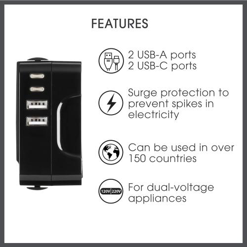 Conair Universal Travel Adapter - All-in-One European and Worldwide Travel Plug Adapter with Surge Protection - Includes USB C Port