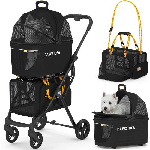 PAWZIDEA Double Pet Stroller with 2 Detachable Carriers, Portable Dog Crate for Car Travel & TSA-Approved Expandable Cat Carrier, Foldable Lightweight Jogger Stroller for 2–4 Cats or Small/Medium Dogs